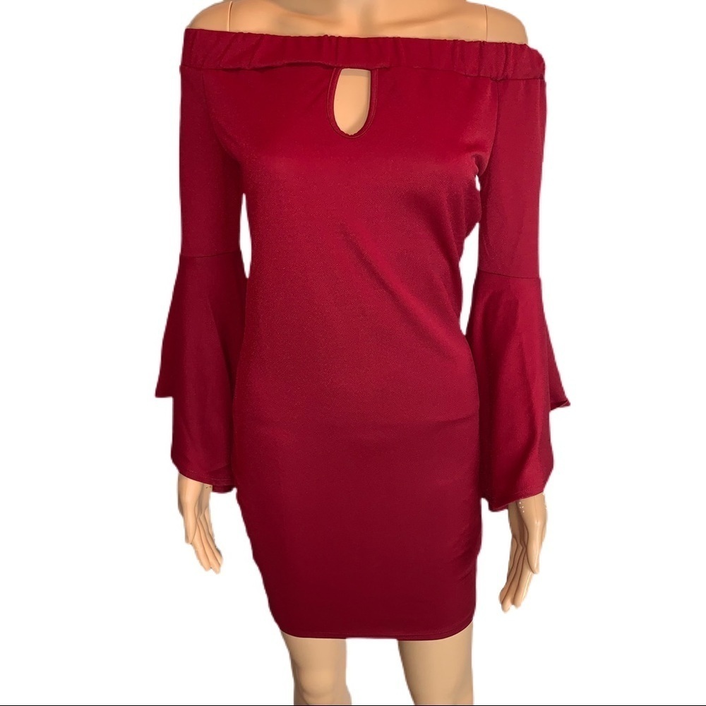 Big Strike USA Off the Shoulder Flare Sleeve Dress